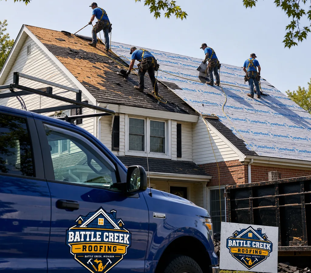 Roofing crew performing a shingle tear-off and underlayment installation on a Battle Creek home with fall protection in place