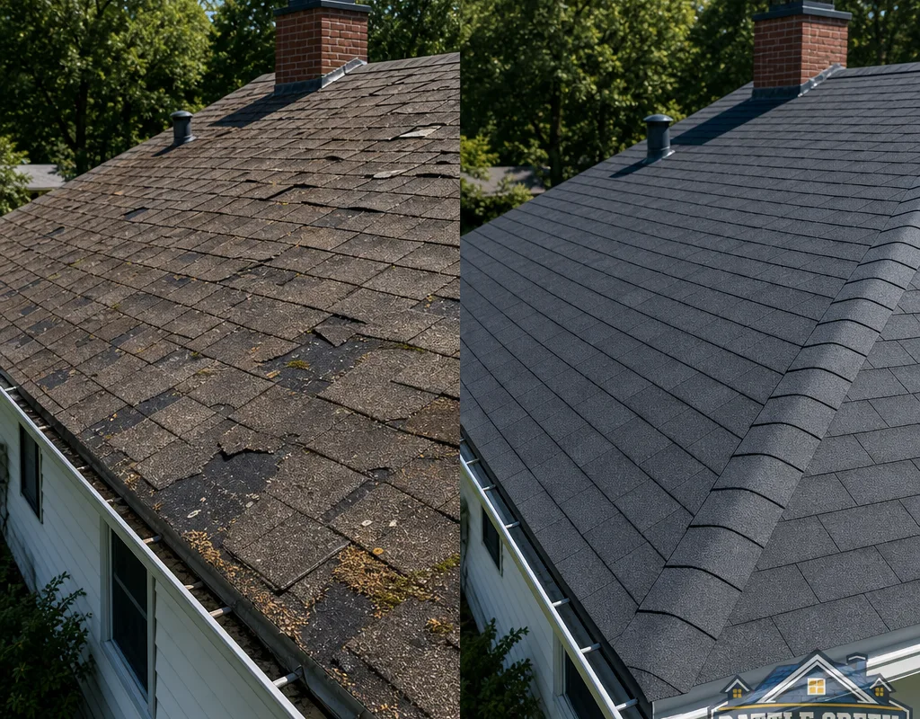 Before-and-after view of a worn asphalt shingle roof followed by the same home with a new architectural shingle roof