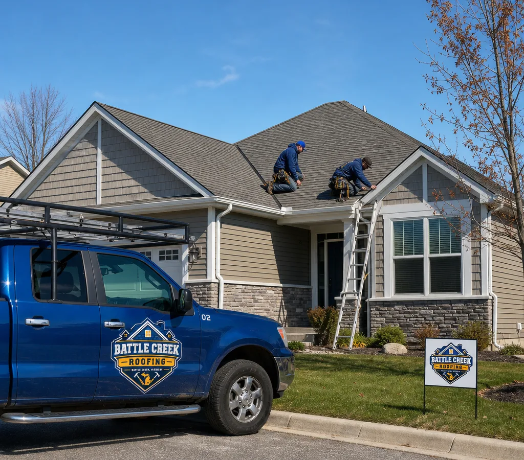 Street-level view of a Battle Creek home while roofers inspect the asphalt shingle roof near the eaves and valleys