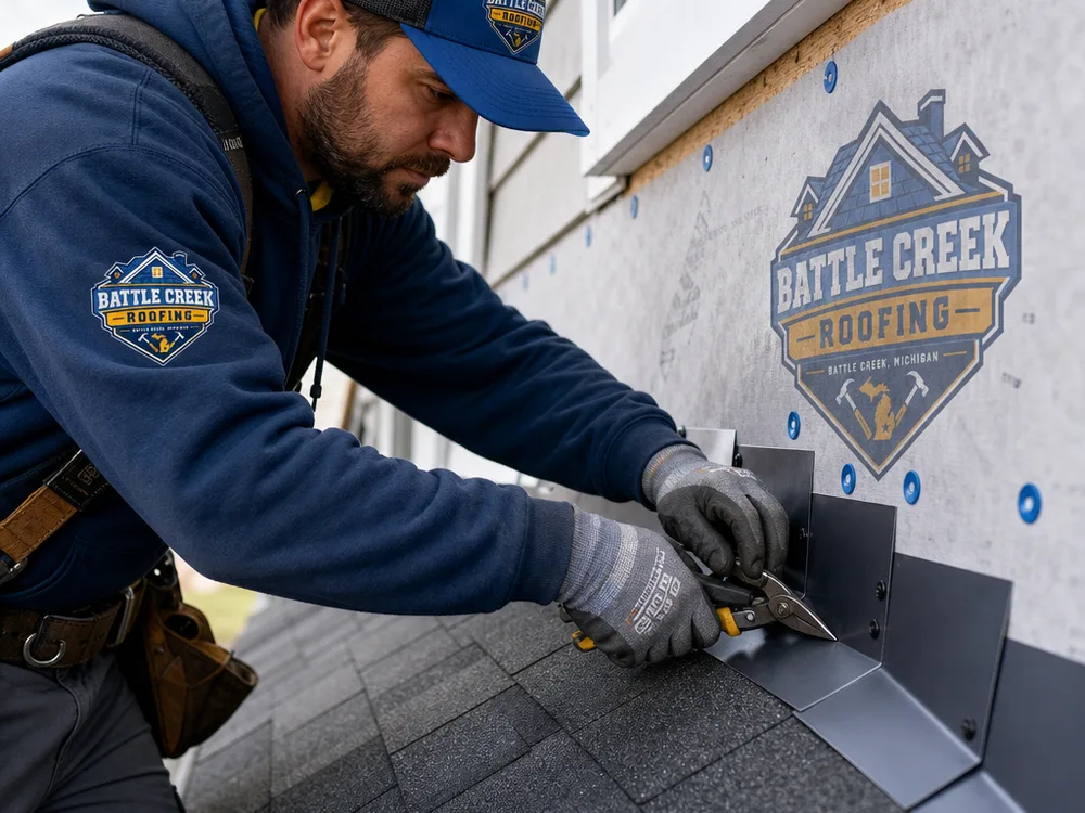 Roofer installing step flashing along a roof-to-wall intersection with new underlayment and shingles visible