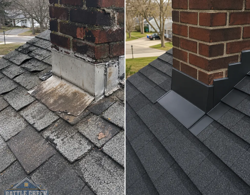 Before and after comparison showing worn chimney shingles and flashing replaced with new flashing and shingles