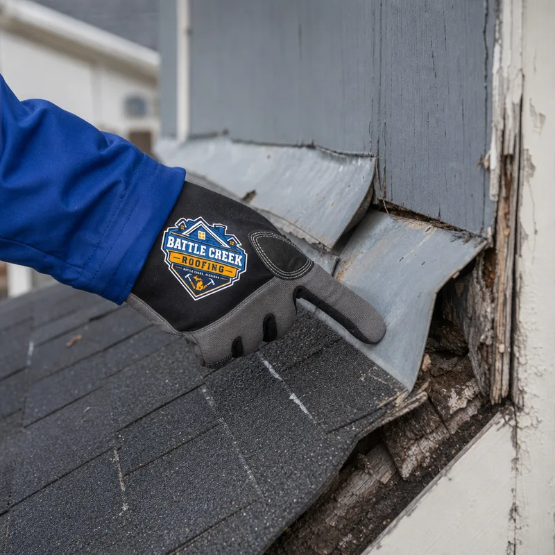 Roofer pointing out damaged step flashing and shingles at a roof sidewall transition