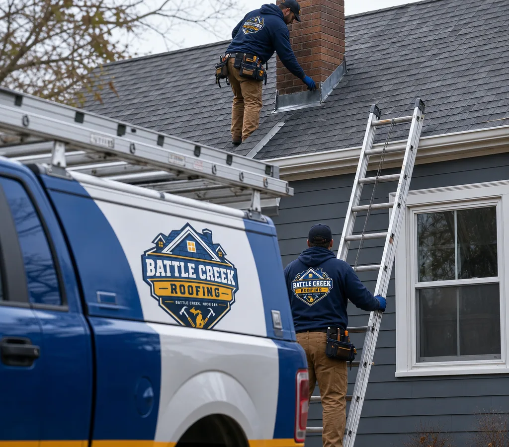 Roofing crew safely inspecting asphalt shingles and chimney flashing on a Battle Creek home