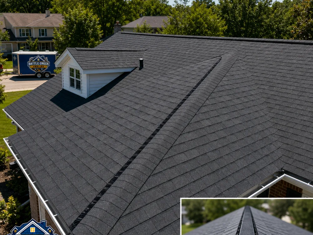 Completed Battle Creek roof replacement with straight shingle courses, clean ridge cap, and ridge ventilation