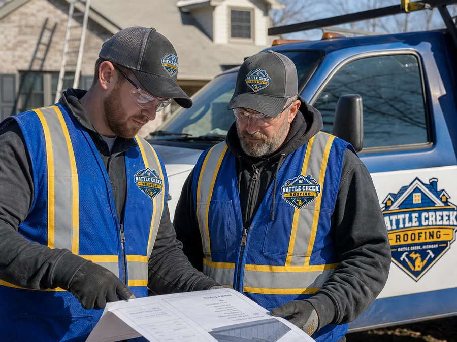Two roofing crew members reviewing a roof plan and material list beside a work truck at a residential job site